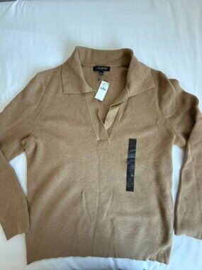 Banana Republic Ribbed Knit Polo Sweater Women's Large Camel Tan NWT